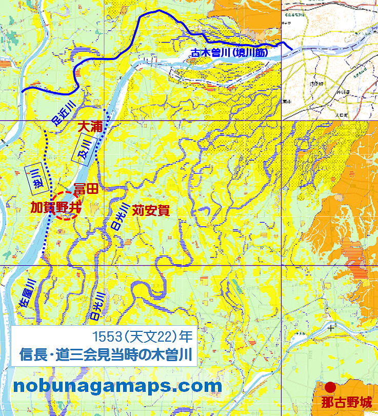 信長・道三会見当時の木曽川 地図